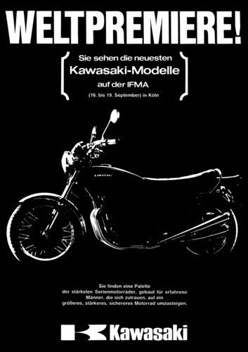 Anzeigenmotiv 1972: Ankündigung der Kawasaki 900 Z1 zur IFMA.