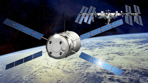 Das ATV-5 nähert sich der ISS (Computergrafik).