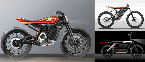 Designskizzen für mögliche kleinere Elektromotorräder von Harley-Davidson.
