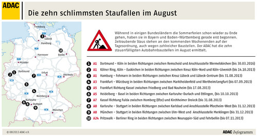 Die zehn stauanfälligsten Autobahnbaustellen im August.