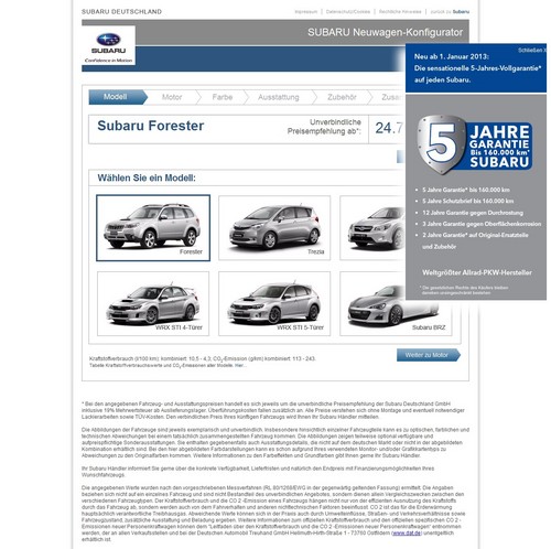 Fahrzeugkonfigurator auf der Homepage von Subaru Deutschland.