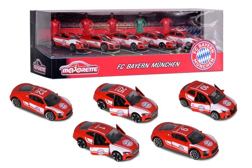 Geschenkset „FC Bayern München“ von Majorette mit Audi-Modellen im Maßstab 1:64.