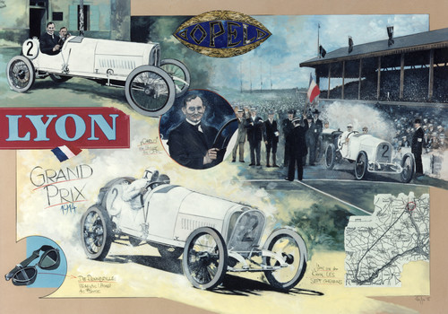 Kollage: Opel beim Grand Prix von Lyon 1914.
