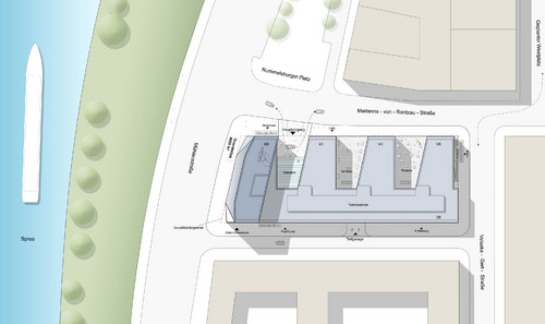 Lageplan des neuen Gebäudes für den Mercedes-Benz-Vetrieb Deutschland am Ufer der Spree.