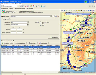 Neu in "map&guide professional 2010": Integration von Live-Frachtangeboten der Online-Frachtenbörse von Teleroute.
