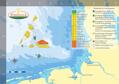 Nordseekarte mit den Windreich-Standorten.