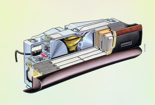 Schnittzeichnung des Beifahrerairbag-Moduls der Mercedes-Benz S-Klasse (W 126). Wesentliche Komponenten in der Darstellung sind der zusammengefaltete Luftsack sowie die beiden Gasgeneratoren mit ihrer Füllung aus Festtreibstoffpellets.