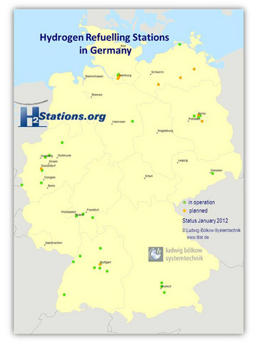 Wasserstofftankstellen in Deutschland zu Beginn des Jahres 2012.