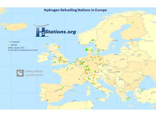 Wasserstofftankstellen in Europa zu Beginn des Jahres 2012.
