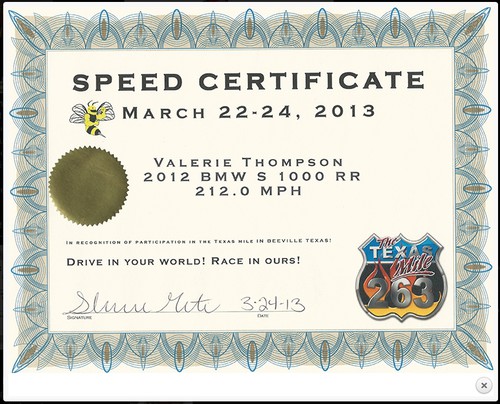 Zertifikat für Valerie Thompsons gefahrene 212 mph.