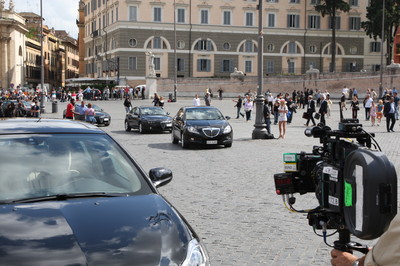 Der Lancia Delta als automobiler Hauptdarsteller bei den Dreharbeiten zum Kino-Blockbuster &quot;Illuminati&quot;.
