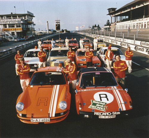ONS-Streckensicherungsstaffel auf dem Nürburgring 1973: Porsche 911 Carrera RSR 2,8 (l.) und 914/6 GT. 