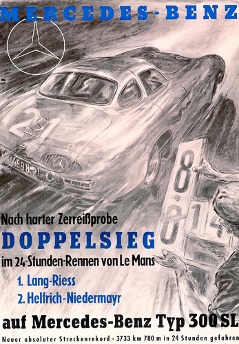 24 Stunden von Le Mans, 1952. Rennsportwagen Mercedes-Benz 300 SL (W 194). Rennplakat des Künstlers Hans Liska.