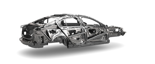 Aluminium-Rohkarosserie des Jaguar XE.