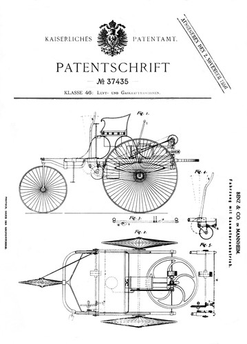 Am 29. Januar 1886 beantragte Carl Benz beim kaiserlichen Patentamt in Berlin das bedeutendste Patent des industriellen Zeitalters: Einen „Motorwagen mit Gasmotorenbetrieb“, die Initialzündung für alle weiteren Automobilkonstruktionen des folgenden Jahrhunderts.