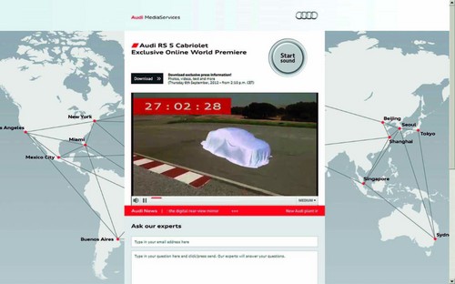 Audi präsentiert erstmals in ihrer Firmengeschichte ein neues Auto der Weltpresse exklusiv im Internet. Das Audi RS 5 Cabriolet wird auf einer eigens für die Medien eingerichteten Website vorgestellt.