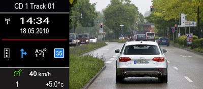 Audi Travolition: Wenn der Audi mikt 35 km/h fährt, dann wird er bei Grün die Ampel erreichen. Zur Zeit fährt er aber noch 40 km/h.