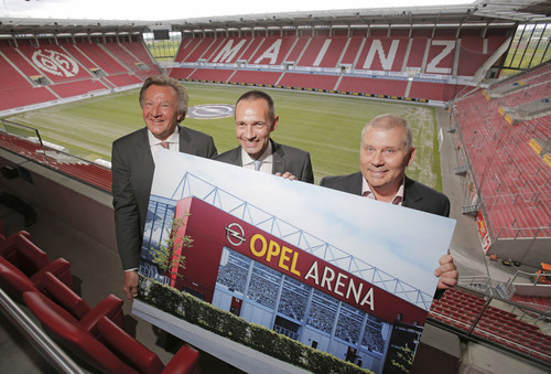 Aus dem Mainzer Stadion wird die „Opel Arena“ (von links): FSV-Präsident Harald Strutz, Opel-Deutschland-Chef Jürgen Keller und Mainz-05-Marketingchef Dag Heydecker.