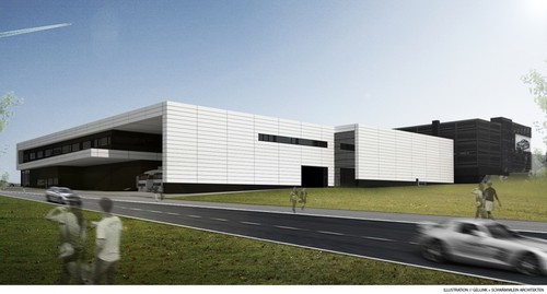 Außenansicht des zukünftigen AMG-Logistikzentrums inklusive Parkhaus.
