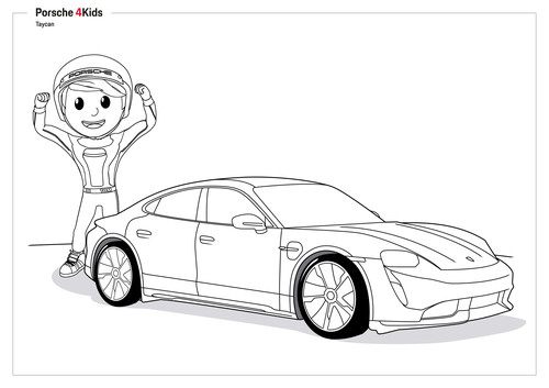 Ausmalbild auf Porsche 4Kids: Tom Targa mit dem Taycan.