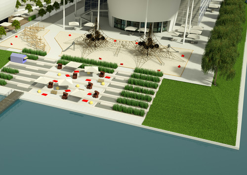 Autostadt-Sommerprogramm 2020: Modellansicht des Chill-Bereiches auf der Hafenterrasse.