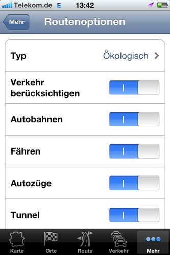 Bosch Navigation App - Routenoptionen.