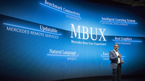 CES 2018: Sajjad Khan, Vice President Digital Vehicle &amp; Mobility bei Daimler, stellt das Infotainmentsystem „MBUX“ (Mercedes-Benz User Experience) vor.