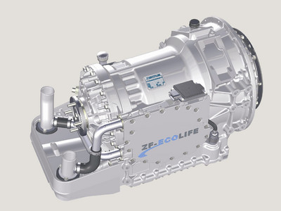 Das 6-Gang-Automatgetriebe ZF-EcoLife überträgt mehr Drehmoment bei geringerem Kraftstoffverbrauch. Künftig bietet ZF eine Hybrid-Variante des neuen Automatgetriebes für Nutzfahrzeuge an.