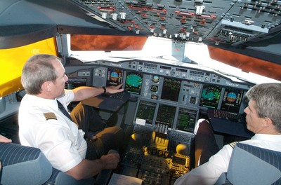 Das A 380-Cockpit ist vollgepackt mit neuen Raffinessen. Auf acht Displays sehen die Piloten alle Informationen, die sie für den Flug brauchen. Zwei Kameras – eine vom Leitwerk nach vorn und die andere aufs Bugrad gerichtet – verschaffen Überblick am Boden. So lässt sich der Airbus exakt auf die 80 mal 80 Meter messende Parkbox steuern.      Foto: interPress
