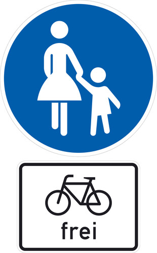 Das Radfahren auf Gehwegen kann mit dem Zusatzzeichen „Radfahrer frei“ erlaubt sein. Radfahrer müssen dann Rücksicht auf Fußgänger nehmen. Durch das Schild sind sie nicht verpflichtet den Gehweg zu nutzen, sie dürfen auch auf der Fahrbahn fahren.