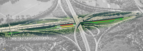 Das Testareal der BASt im Autobahnkreuz Köln-Ost mit Demonstrations- (rot), Untersuchungs- (gelb) und Referenzabschnitten (grün).