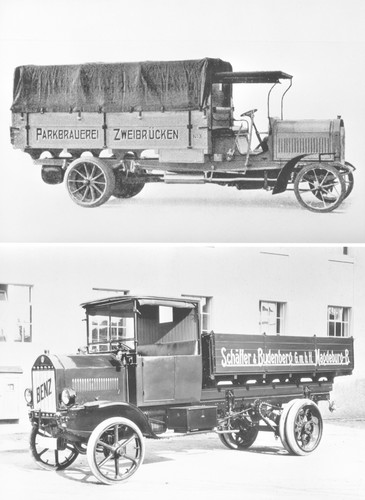 Der Mercedes „5,0 ton Ritzelwagen“ (Bild oben), Benz-Gaggenau Typ 5 K. (unten).