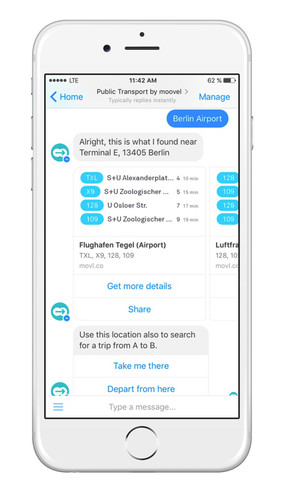 Der Moovel-Chatbot zeigt im Umkreis verfügbare Verbindungen mit Bus und Bahn direkt im Facebook-Messenger an.