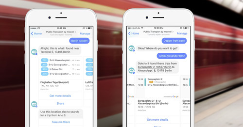 Der Moovel-Chatbot zeigt im Umkreis verfügbare Verbindungen mit Bus und Bahn direkt im Facebook-Messenger an. Zusätzlich haben Nutzer die Möglichkeit, Verbindungen von A nach B abzufragen.