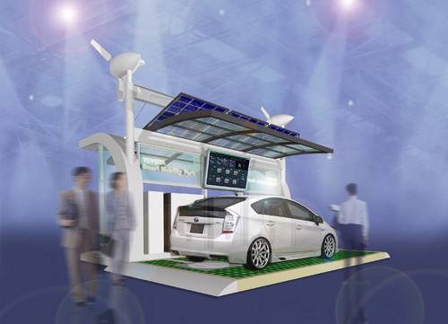 Der „Toyota Smart Mobility Park“ ist eine Ladestation, die beispielsweise Plug-in Hybridfahrzeuge und Elektrofahrzeuge mit Strom aus selbst erzeugter Sonnen- und Windenergie versorgt.