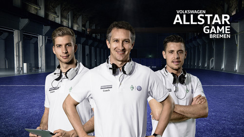 Die „Allstar Coaches&quot; Felix Wiedwald, Frank Baumann und Zlatko Junuzovic (v.l.n.r.).