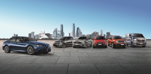 Die Marken von Fiat Chrysler Automobiles (FCA): Alfa Romeo, Abarth, Fiat, und Jeep.