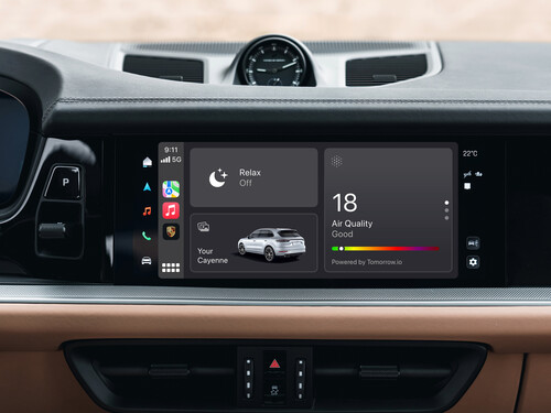 Die My-Porsche-App steuert Komfort- und Entertainmentfunktionen direkt in Apple Carplay: Wellness-Modi kombinieren Audio, Klima und Innenlicht.