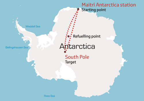 Die Route der Antarktis-Expedition mit den vier Toyota Hilux.
