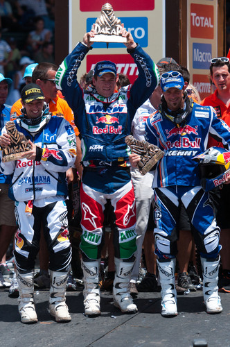 Die Sieger der Motorradwertung (von links): Helder Rodrigues, Marc Coma und Cyril Despres.