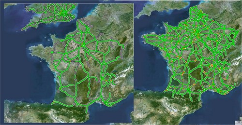 Die Verkehrslage in Frankreich, links nur mit Detektordaten, rechts zusätzlich mit FCD, die mit PTV-Technologie für ViaMichelin dargestellt werden.