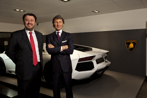 Eröffnung des Lamborghini-Showrooms Paris Ouest (v.l.): Eric Neubauer und Stephan Winkelmann.
