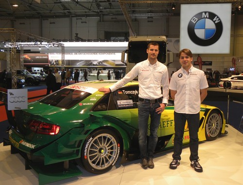 Essen 2011: Im Niemandsland zwischen zwei Marken: Martin Tomczik heute in Essen nach vor seinem Sieger-Audi und morgen auf der Vorstellungs-Pressekonferenz bei BMW in München, hier mit seinem neuen Teamgefährten Augusto Farfus aus Brasilien.