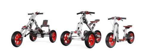 Fahrzeugbausatz „Creator Kit“ von Infento, drei von zehn möglichen Modellen (v.l.): B-Trike, Bulldog und Runner.