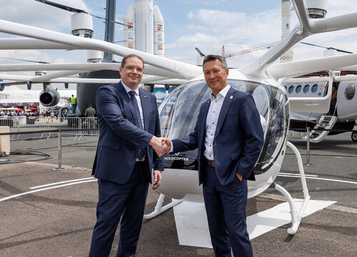 Frédéric Bruder, Geschäftsführer der ADAC-Luftrettung (links); und Dirk Hoke, CEO von Volocopter, einigten sich auf die Erprobung von zwei Volocity-Multikoptern für den Rettungseinsatz.