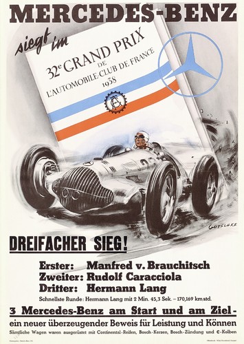 Großer Preis des französischen Automobilclubs, 1938. Rennsiegposter von Walter Gotschke.