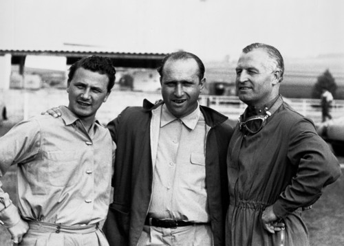 Großer Preis von Frankreich 1954 in Reims (v.l.): Hans Herrmann, Juan Manuel Fangio und Karl Kling.