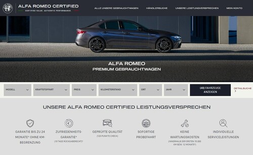Internetseite für zertifzierte Gebrauchtwagen von Alfa Romeo.
