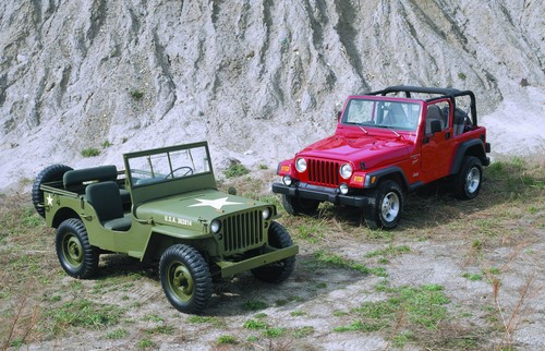 Jeep Wrangler und sein Vorfahr, der Willys Jeep.