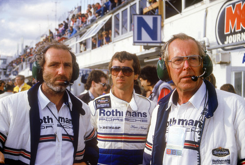 Le Mans 1987: Roland Kussmaul, 961-Rennfahrer Kees Nierop und Peter Falk (von links nach rechts).